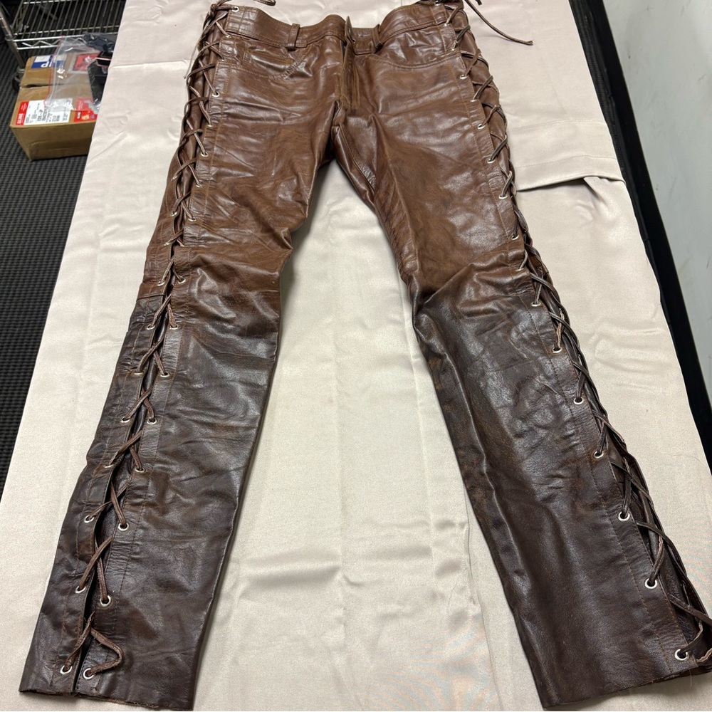 Brown Leather Lace-Up Men Pants